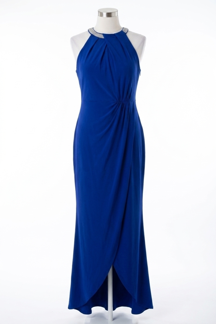NEW JOSEPH RIBKOFF embellished pleated halter maxi evening dress in royal sapphi